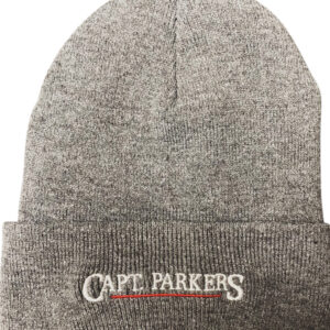 Gray beanie hat with Capt. Parkers on it